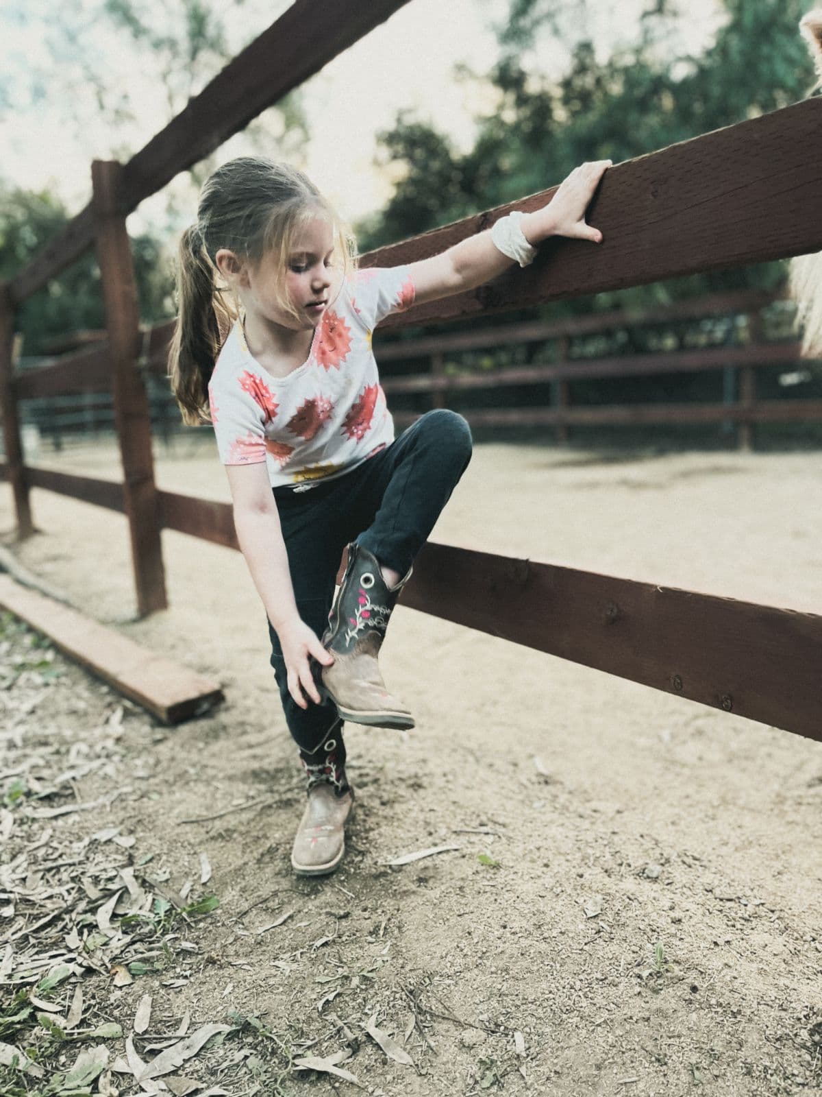 A young girl in cowboy boots climbing the wooden ranch fence