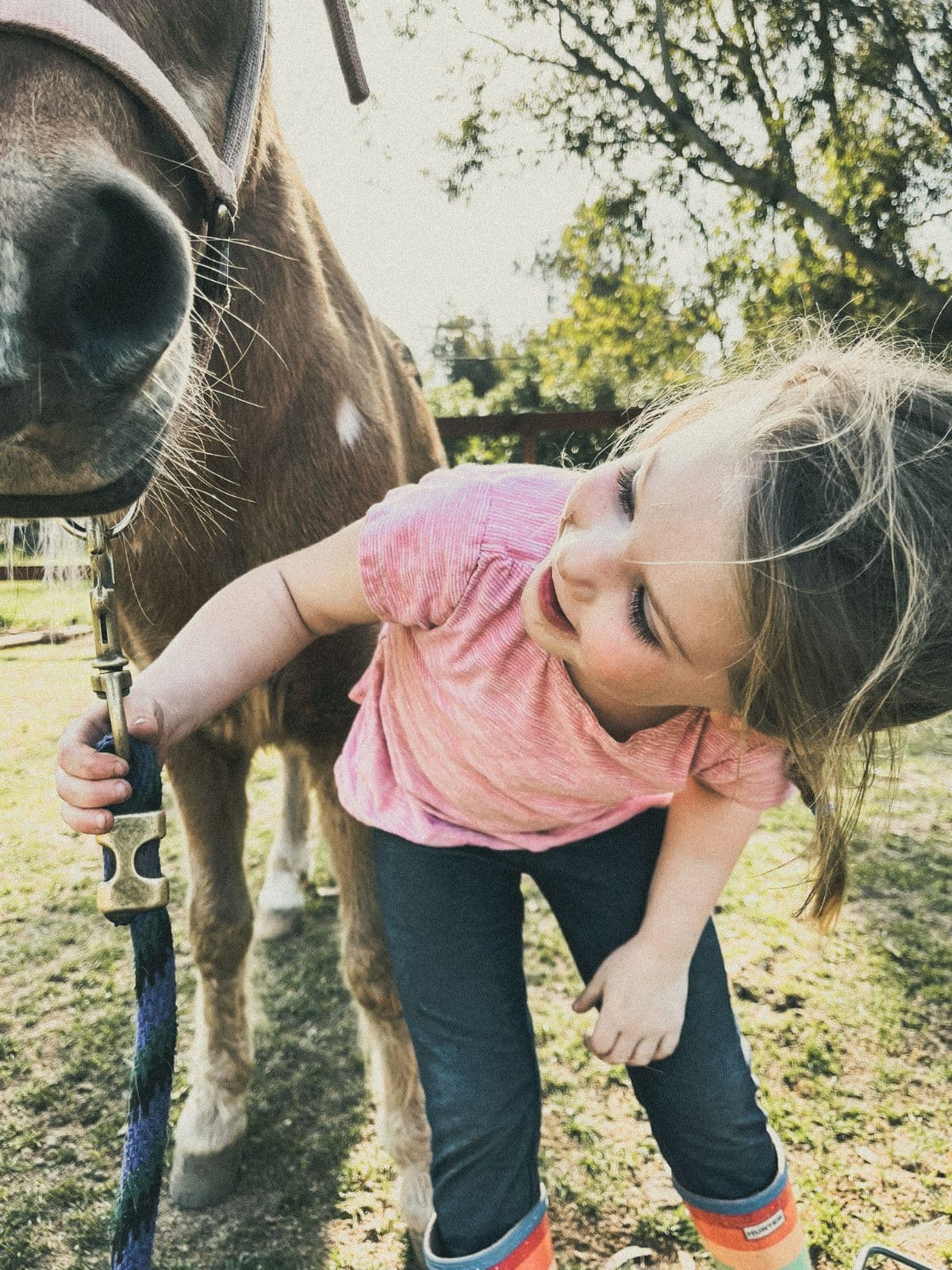 A young girl standing beside her pony at the fence line